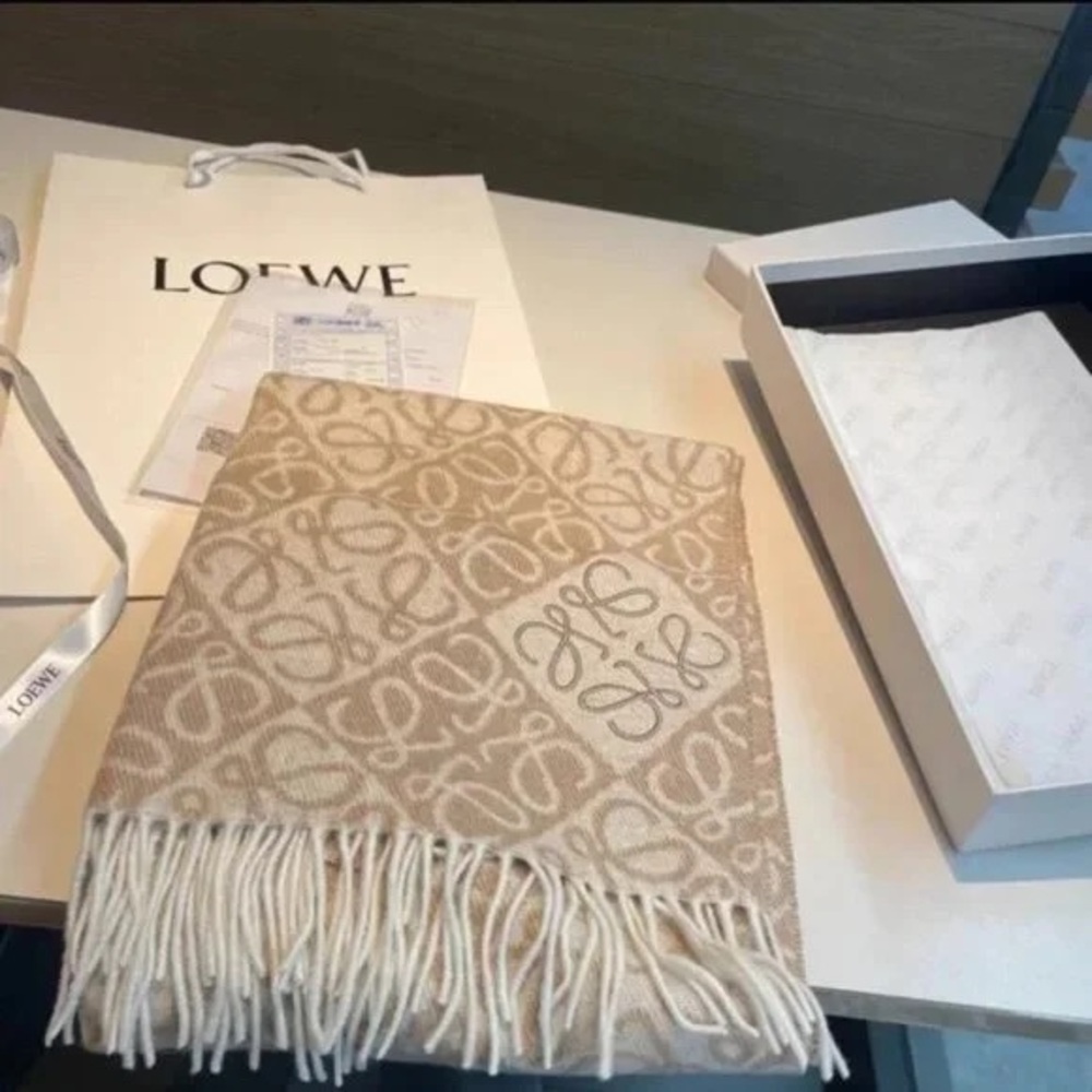 Loewe Tan and Cream Logo Scarf